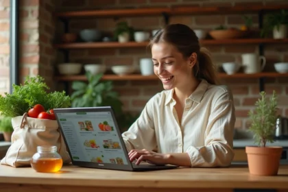 Femme consultant le site Carrefour en ligne pour acheter des produits bio et locaux depuis sa cuisine