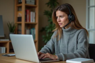 Femme utilisant un service d'aide en ligne pour dépannage informatique depuis son bureau à domicile