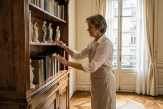 Aide ménagère à domicile époussetant une bibliothèque ancienne dans un appartement de style versaillais