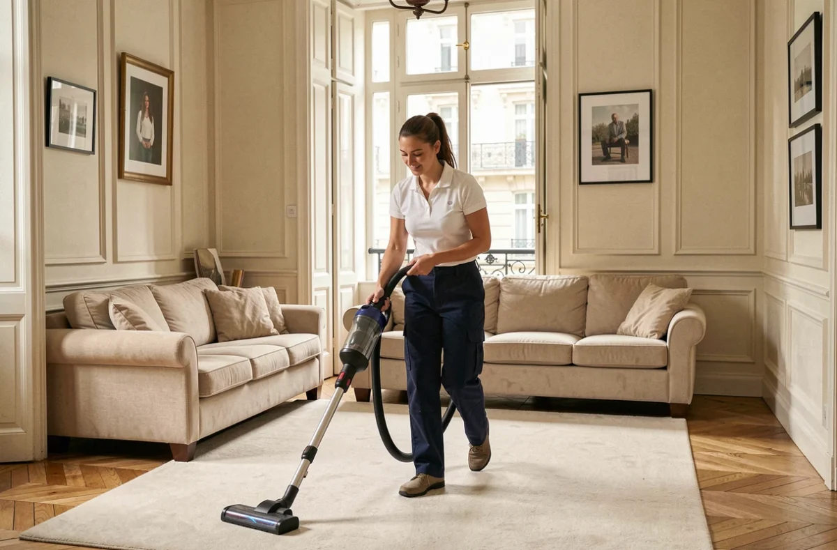 Aide ménagère passant l'aspirateur dans un salon de style haussmannien dans une maison de Saint-Maur-des-Fossés