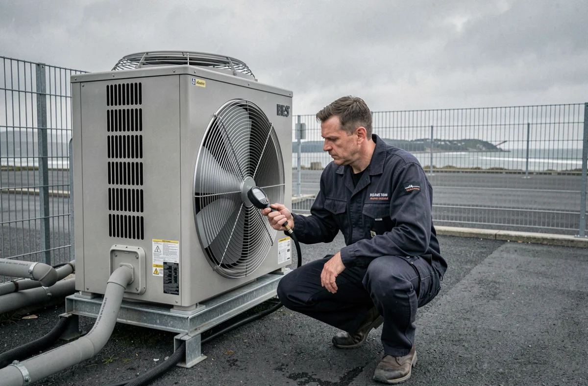 Ingénieur AIRMETIC utilisant un manomètre numérique sur un compresseur de climatisation industriel dans une zone commerciale près de Brest