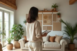 Femme planifiant l'aménagement écoresponsable de son salon avec des matériaux naturels et durables