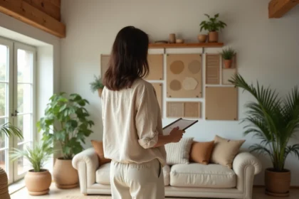 Femme planifiant l'aménagement écoresponsable de son salon avec des matériaux naturels et durables