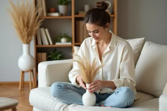 Femme arrangeant un bouquet de pampa dans un salon cocooning aux tons naturels et chaleureux, ambiance maison sereine et organisée
