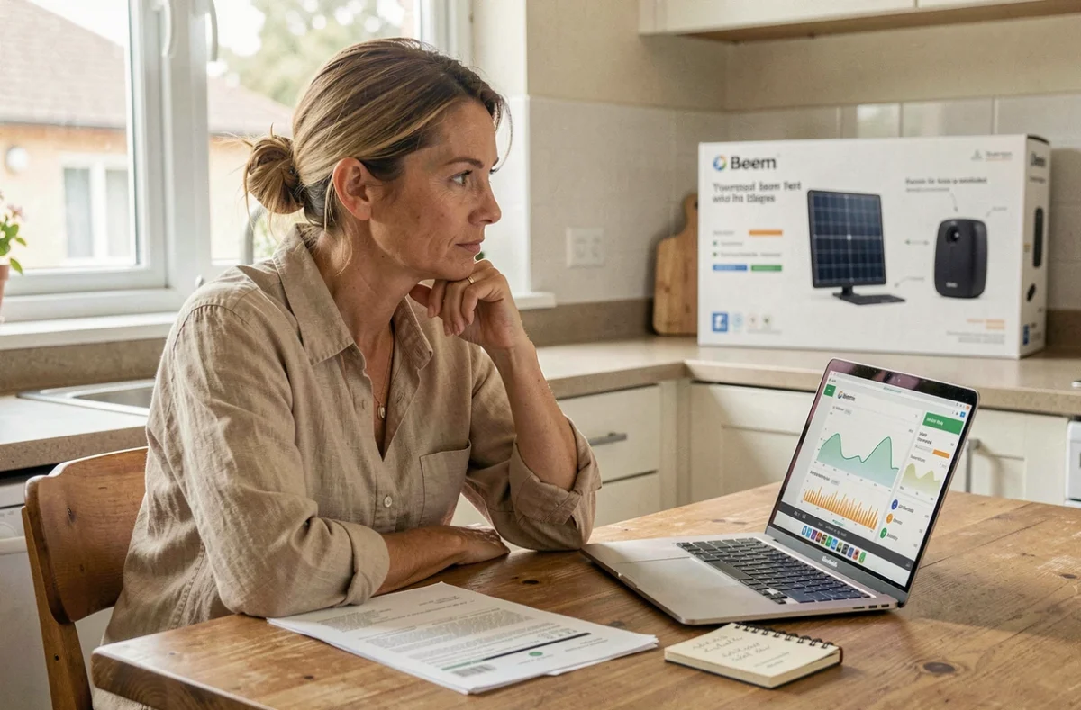 Femme analysant le prix et les économies d'énergie d'un kit solaire Beem sur son ordinateur portable