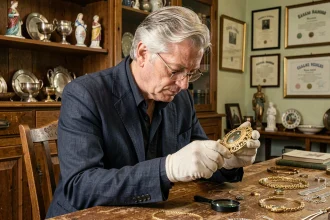 Antiquaire à Caen examinant un bijou ancien en or avec une loupe dans sa boutique d'antiquités