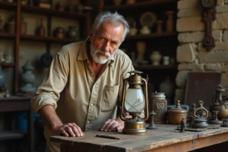 Antiquaire examinant une lampe à pétrole ancienne en laiton avec globe peint dans une boutique d'antiquités