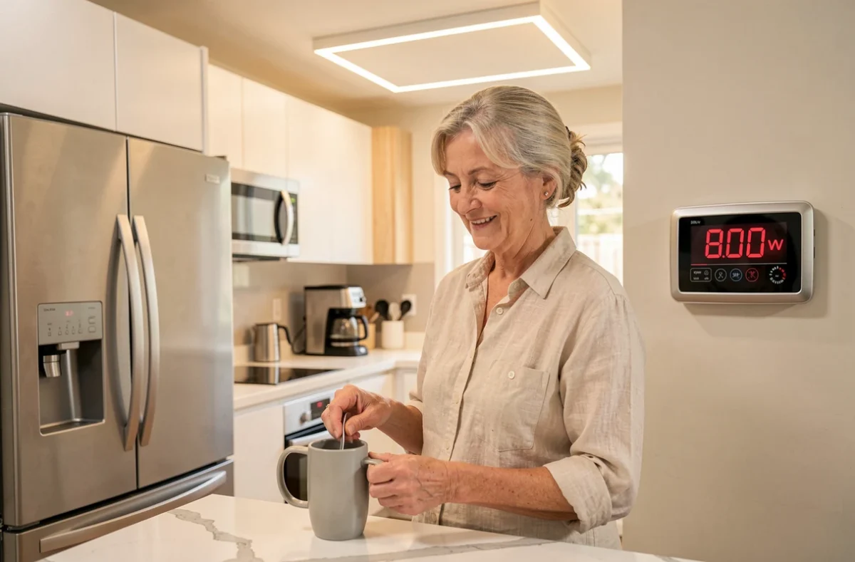 Cuisine moderne alimentée par un panneau solaire 800W avec appareils électroménagers en fonctionnement