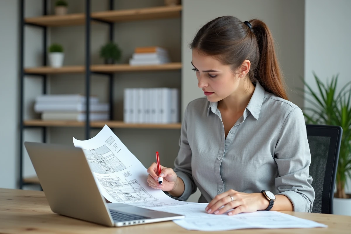 Architecte analysant une fiche technique de tuile canal sur son bureau en comparant avec un plan CAO
