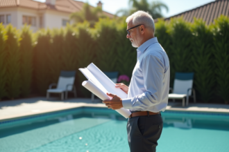 Homme d'affaires examinant un plan près d'une piscine résidentielle