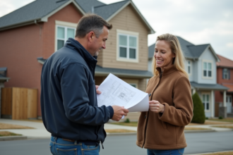Architecte et propriétaire devant une maison de banlieue