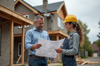 Architecte et entrepreneur devant une maison en rénovation