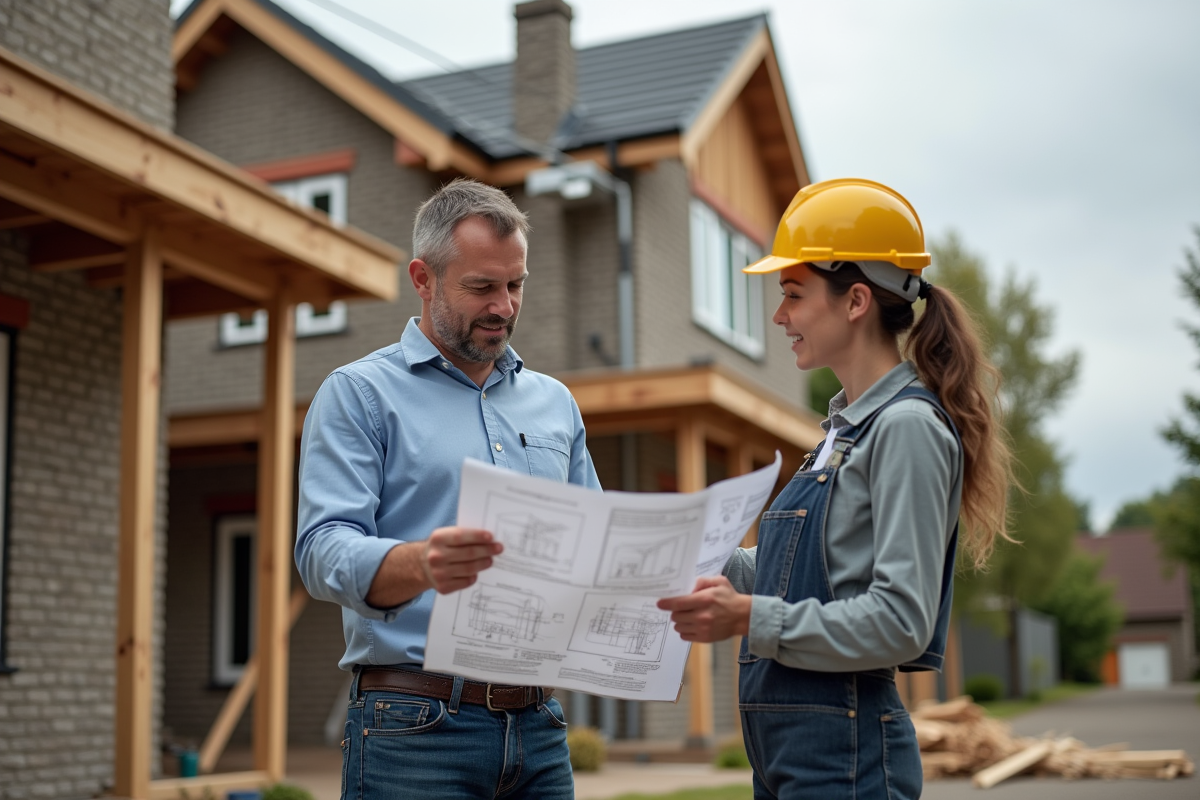 Architecte et entrepreneur devant une maison en rénovation
