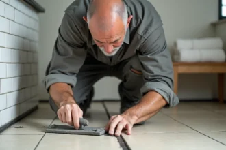 Artisan appliquant un joint époxy sur un joint existant dans une salle de bain carrelée