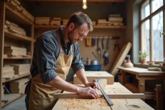 Artisan ébéniste mesurant un plateau en chêne massif dans un atelier de menuiserie sur mesure
