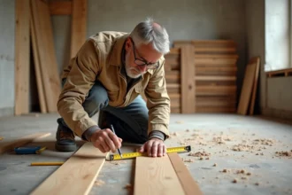 Artisan mesurant des lames de parquet avec un mètre ruban pour calculer les mètres linéaires en m2 d'un projet de rénovation