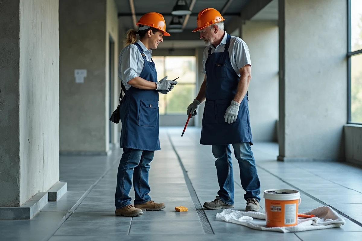 Deux artisans inspectant un joint époxy fraîchement posé sur un carrelage de couloir commercial