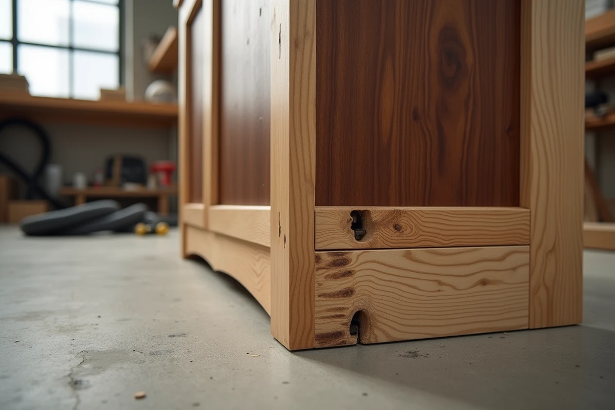 Assemblage en queue d'aronde d'un meuble en noyer sur mesure dans un atelier de menuiserie