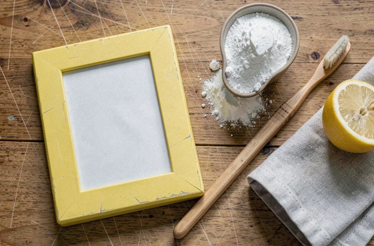 Vue de dessus d'un cadre photo en plastique jauni entouré de bicarbonate de soude, citron et brosse pour le blanchiment maison
