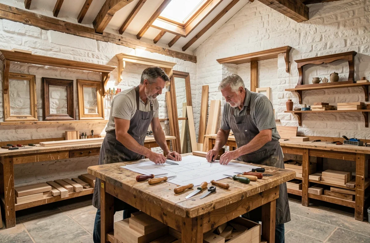 Deux artisans menuisiers collaborant sur des plans dans un atelier traditionnel à Saint-Maur