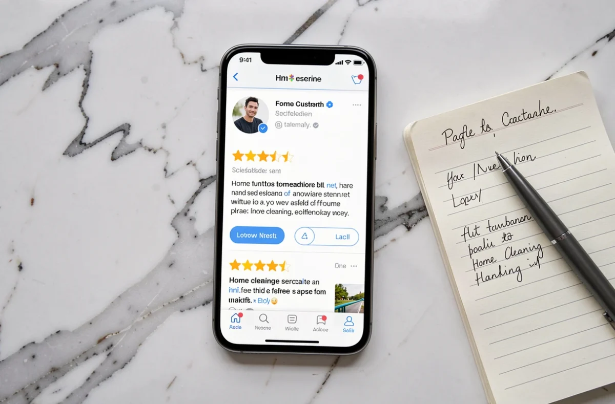 Smartphone affichant des avis cinq étoiles sur un service de femme de ménage posé sur un comptoir en marbre avec un carnet de notes
