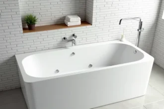 Baignoire rectangulaire balnéo blanche encastrée dans une salle de bain moderne avec carrelage gris et tablette en bois