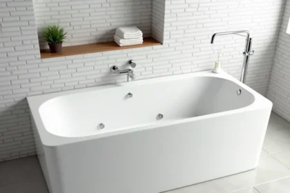 Baignoire rectangulaire balnéo blanche encastrée dans une salle de bain moderne avec carrelage gris et tablette en bois