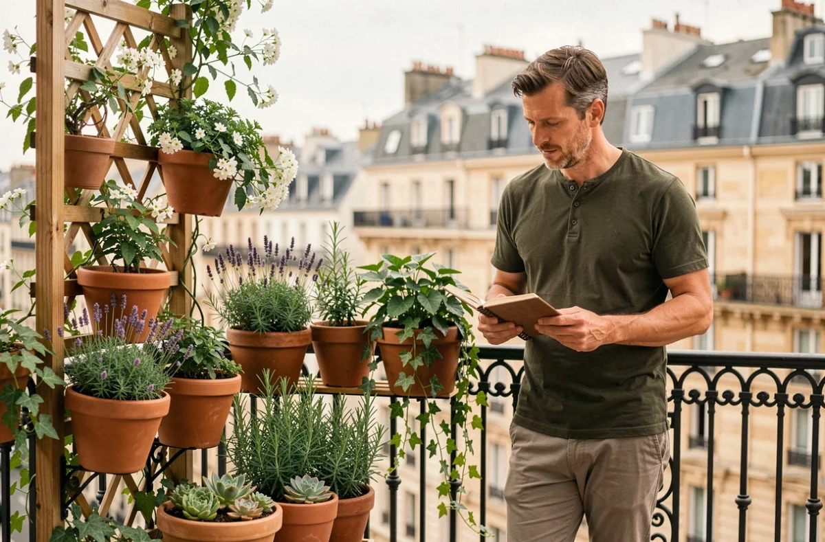 Homme aménageant un balcon urbain en jardin décoratif et fonctionnel avec des plantes aromatiques et des pots en terre cuite