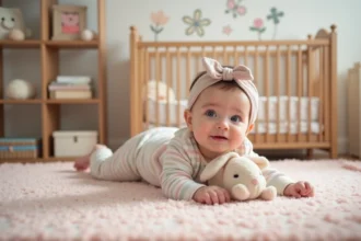 Bébé fille en robe pastel dans un tapis à pois roses
