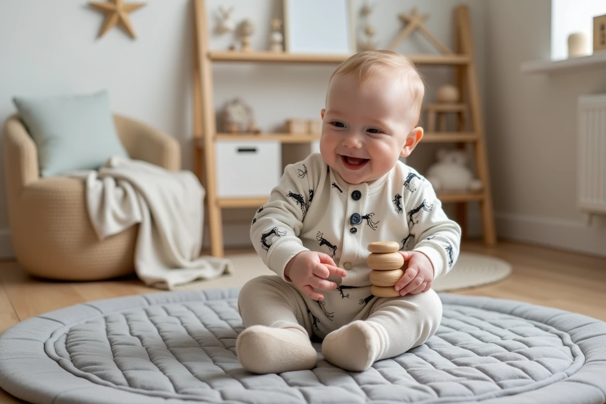 Bébé garçon jouant avec des anneaux en bois sur un tapis gris