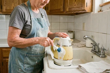 Femme frottant une bouilloire en plastique jauni avec une pâte de bicarbonate de soude dans une cuisine rétro authentique