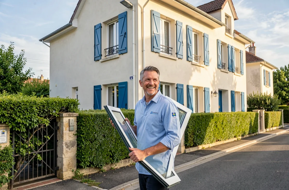 Technicien en uniforme bleu transportant des panneaux de vitrage vers une maison pavillonnaire
