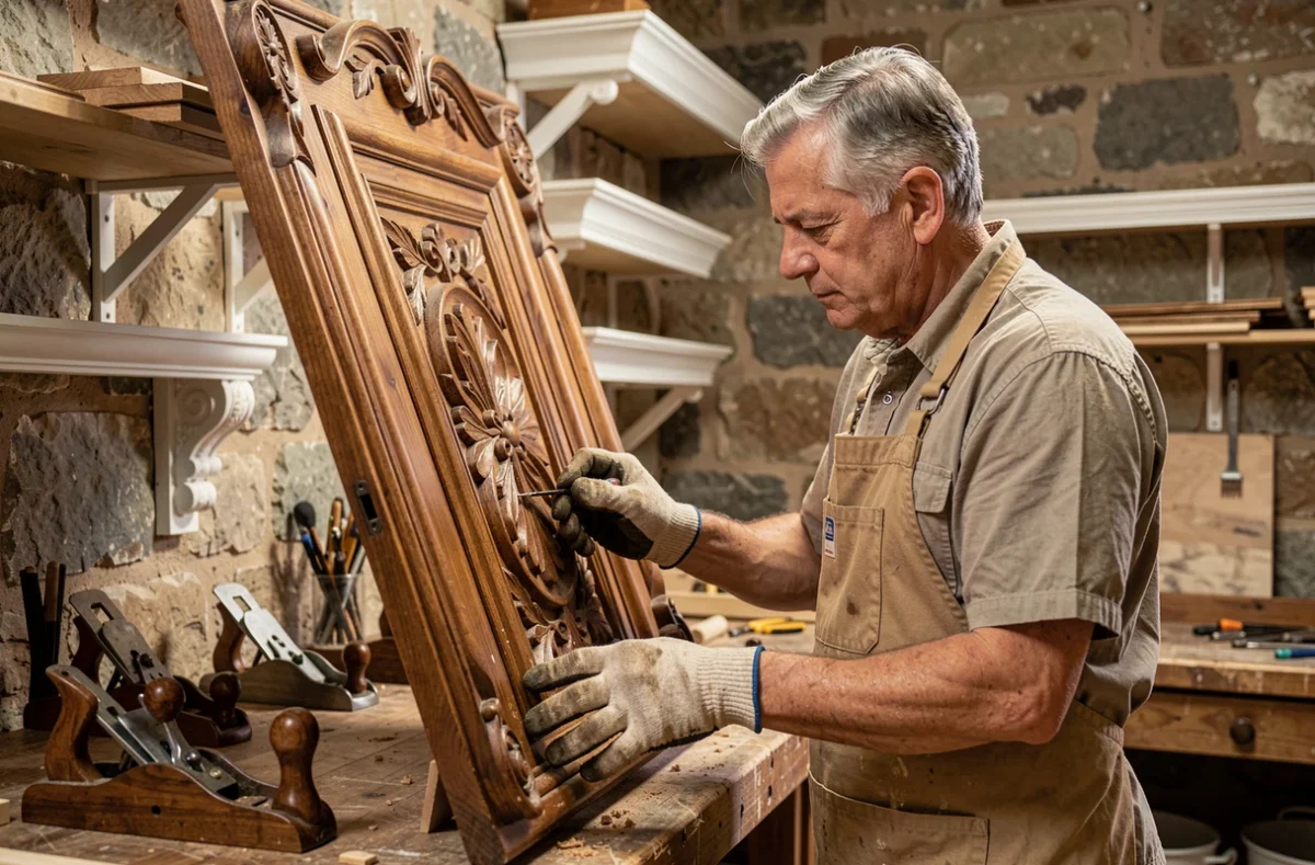 Artisan restaurateur travaillant sur une porte ancienne sculptée dans un atelier de patrimoine et restauration