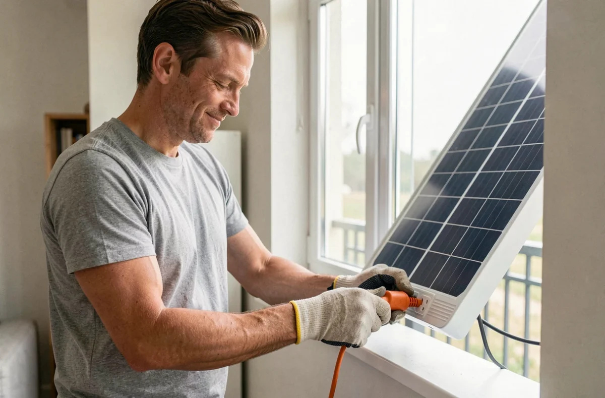 Homme branchant le kit solaire Beem sur une prise murale dans un appartement moderne