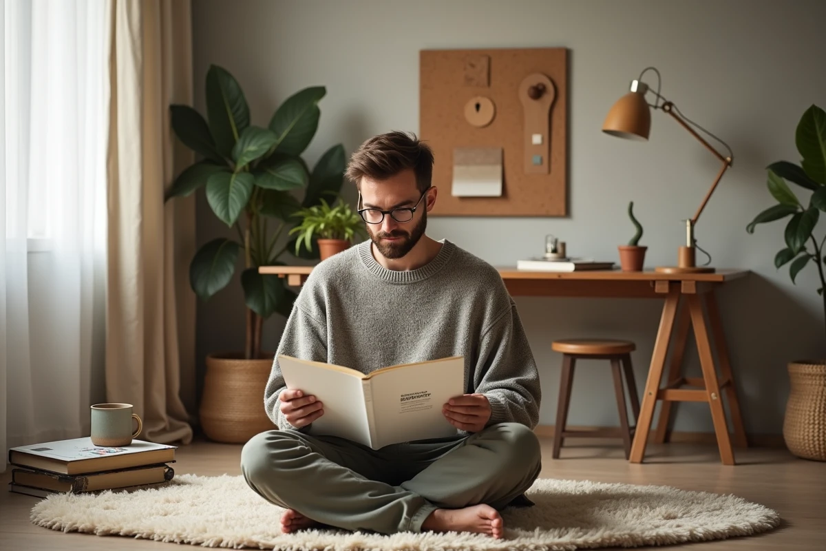 Homme consultant un guide de décoration écoresponsable dans un bureau minimaliste aménagé de façon durable