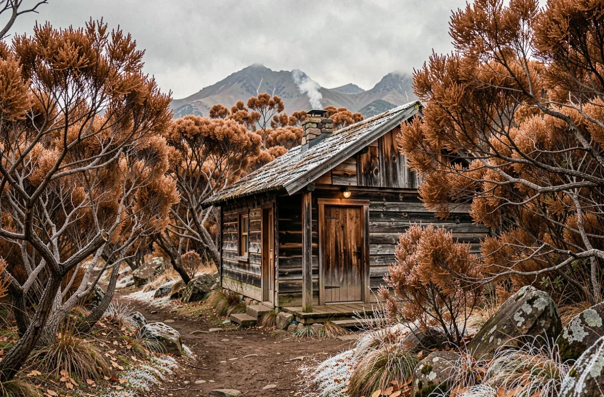 Cabane en bois isolée en Patagonie entourée de hêtres aux couleurs automnales et de sommets enneigés