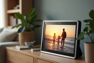 Cadre photo numérique avec wifi posé sur un meuble en bois dans un salon scandinave moderne