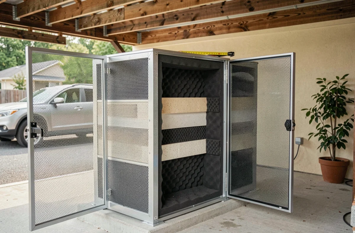 Caisson acoustique préfabriqué en métal perforé avec mousse insonorisante installé autour d'une pompe à chaleur dans un carport