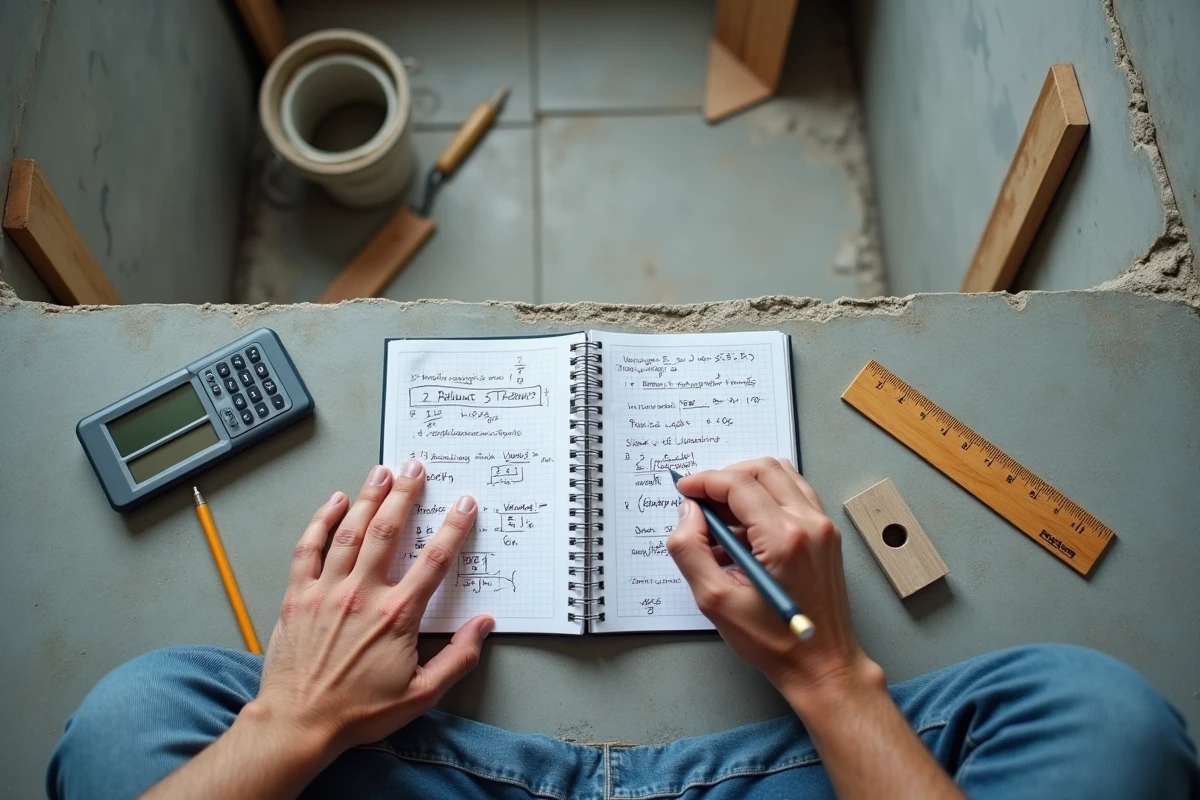 Mains d'artisan notant des calculs de mètres linéaires dans un carnet sur un chantier de pose de carrelage