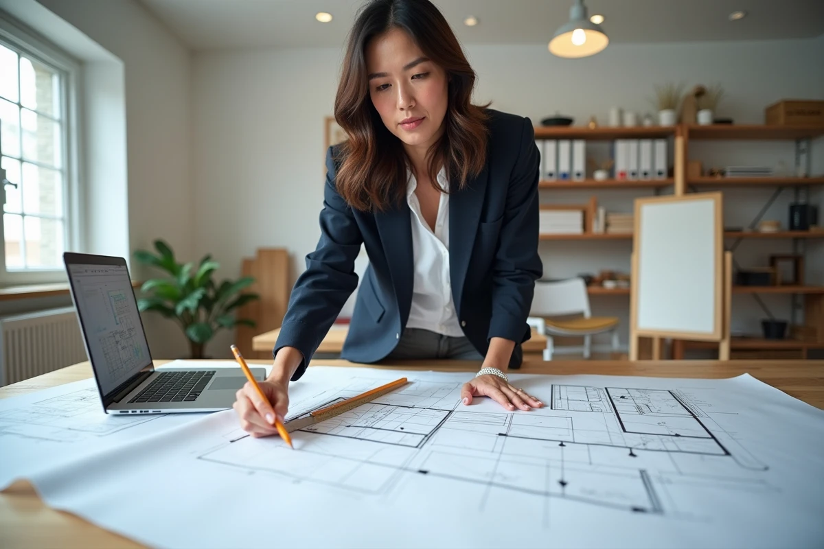 Professionnelle calculant des mètres linéaires en m2 sur des plans de chantier avec règle et ordinateur portable
