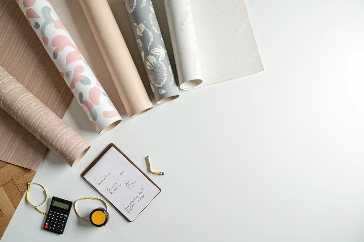 Vue aérienne de rouleaux de papier peint avec mètre ruban et calculs pour couvrir 10 m²
