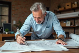 Géomètre mesurant une surface sur un plan cadastral avec une règle métallique dans un bureau professionnel