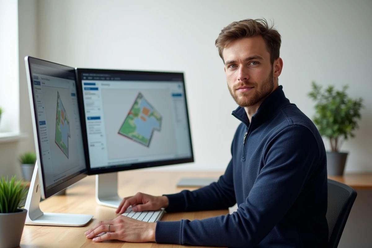 Homme calculant la surface d'une parcelle cadastrale en ligne sur ordinateur avec un portail cartographique