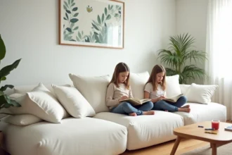 Deux enfants assis sur un canapé nuage blanc en velours dans un salon familial moderne, lisant des livres avec des crayons éparpillés sur la table basse