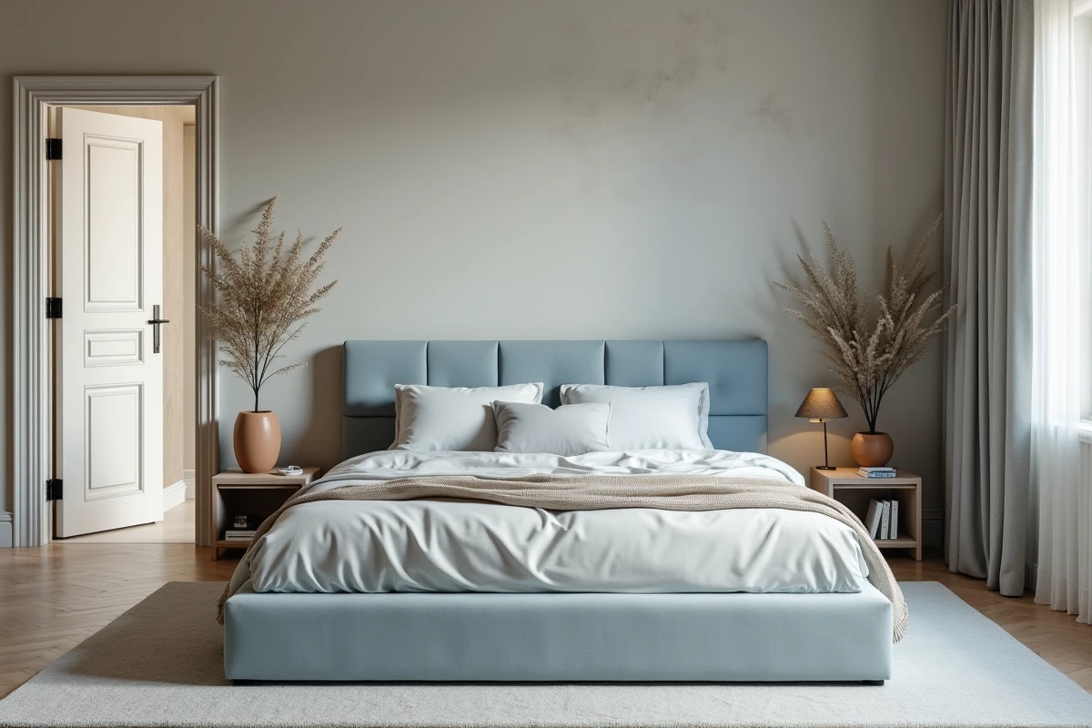 Chambre adulte reposante aux teintes bleu gris avec tête de lit en velours et décoration minimaliste en terracotta