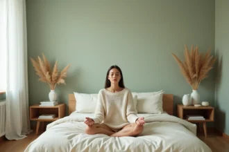 Chambre adulte aux murs vert sauge apaisants avec literie en lin ivoire et femme détendue assise sur le lit