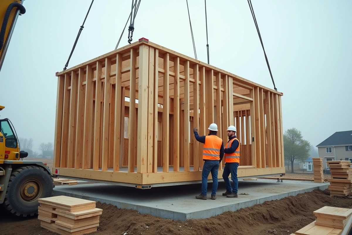 Chantier de construction d'une maison modulaire préfabriquée écologique avec pose de panneaux bois par grue