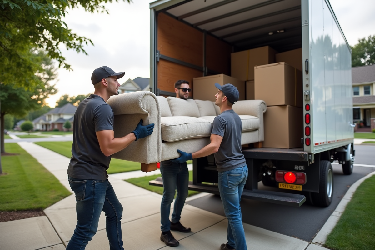 Équipe de déménageurs chargeant un canapé dans un camion