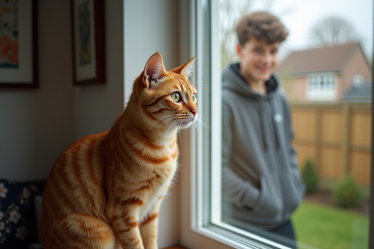 Chat roux regardant par la fenêtre avec un garçon