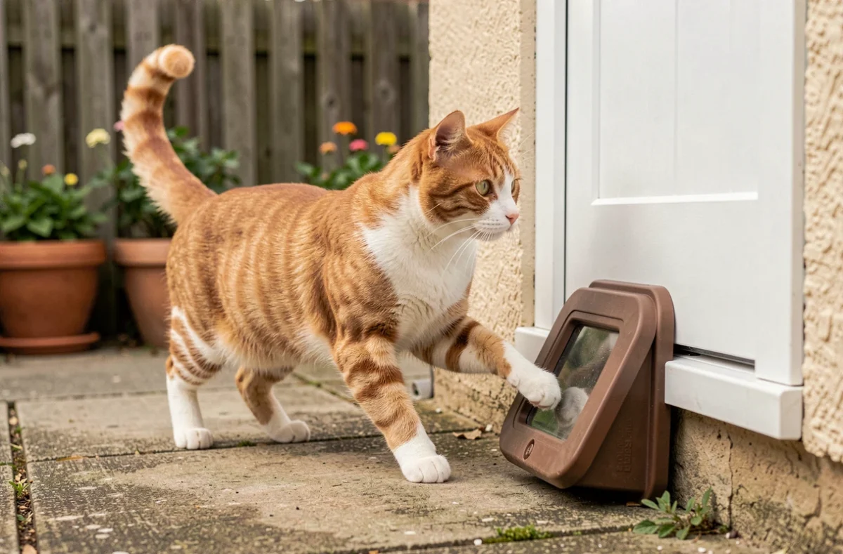 Chat roux passant par une chatière installée dans une porte PVC blanche donnant sur un patio extérieur